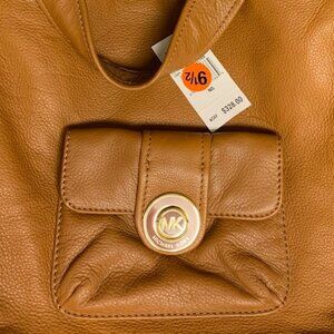 Michael Kors Pushlock Leather brown leather shoulder tote hobo purse